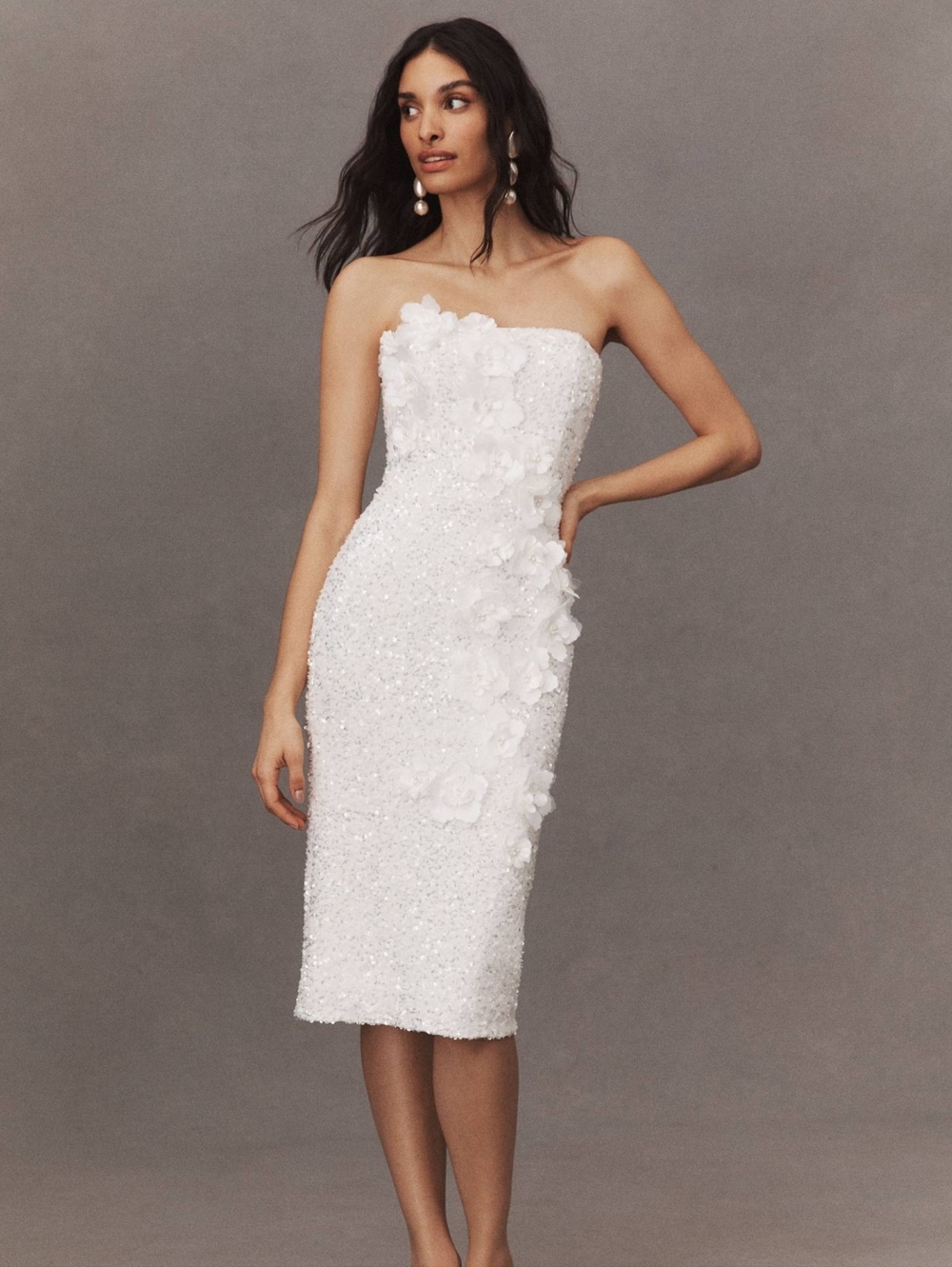 Strapless White Floral Appliqué Sheath Dress